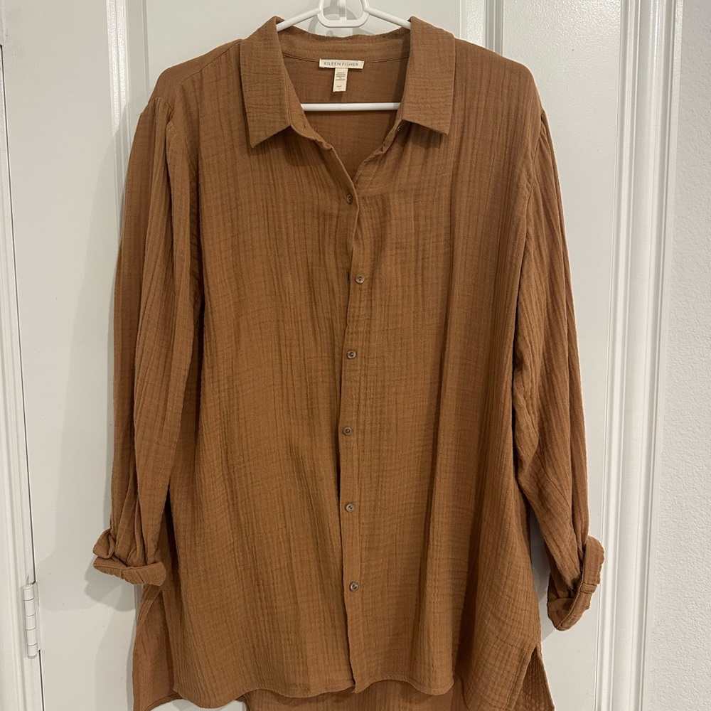 Eileen Fisher Brown Button Down Shirt organic cotton